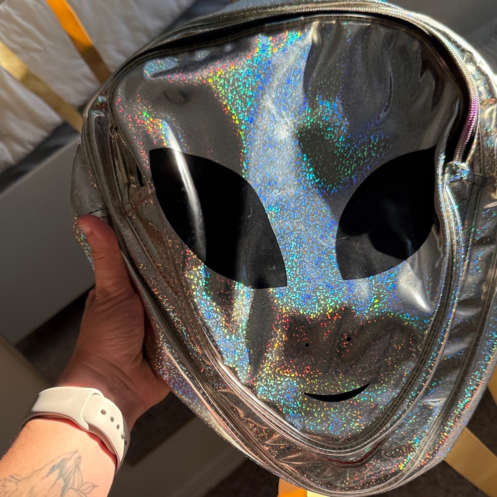 Holographic Silver Alien Face Backpack - image 13